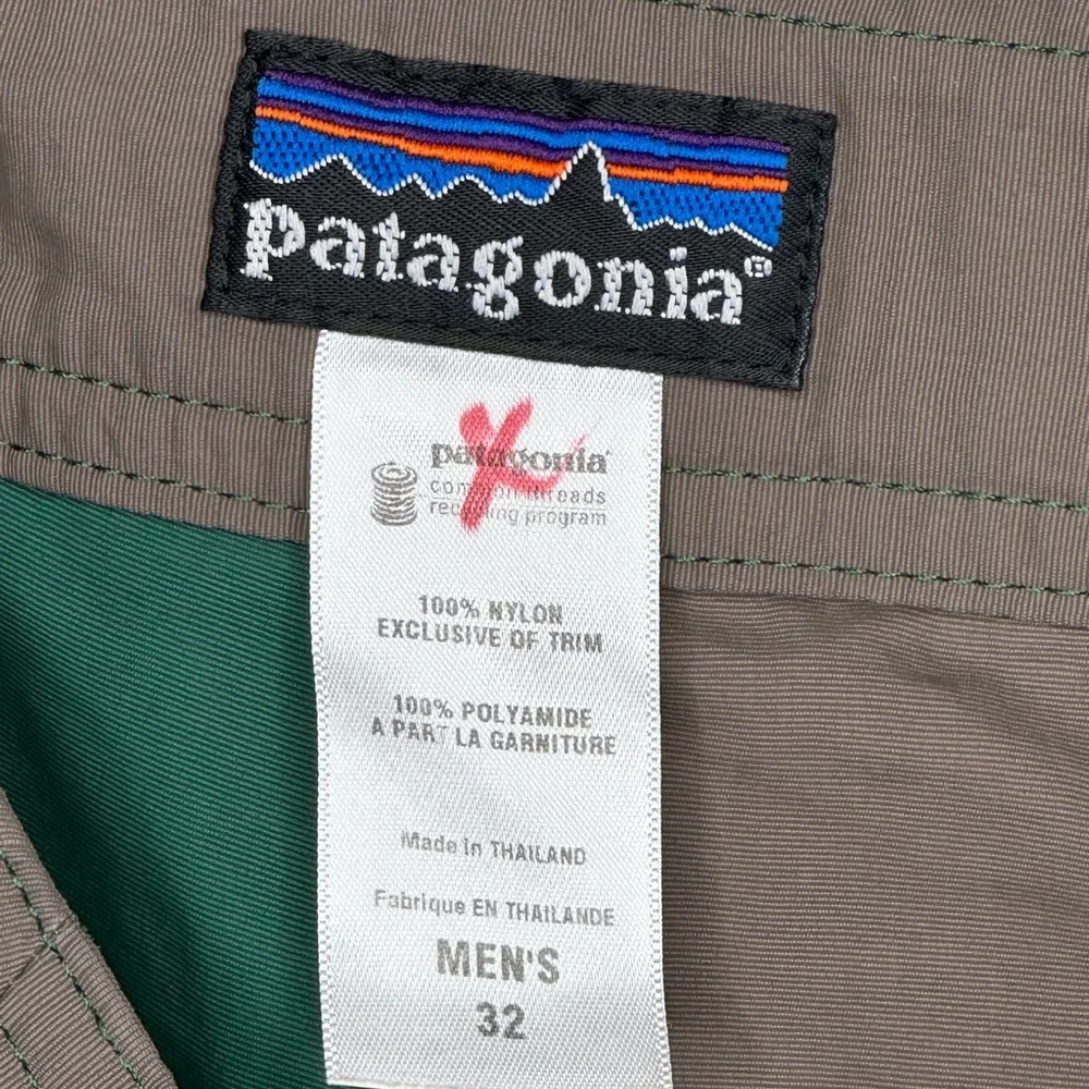Patagonia Colorblock Green Brown Board Shorts Nylon Lace Side Zip Pocket Sz 32‎